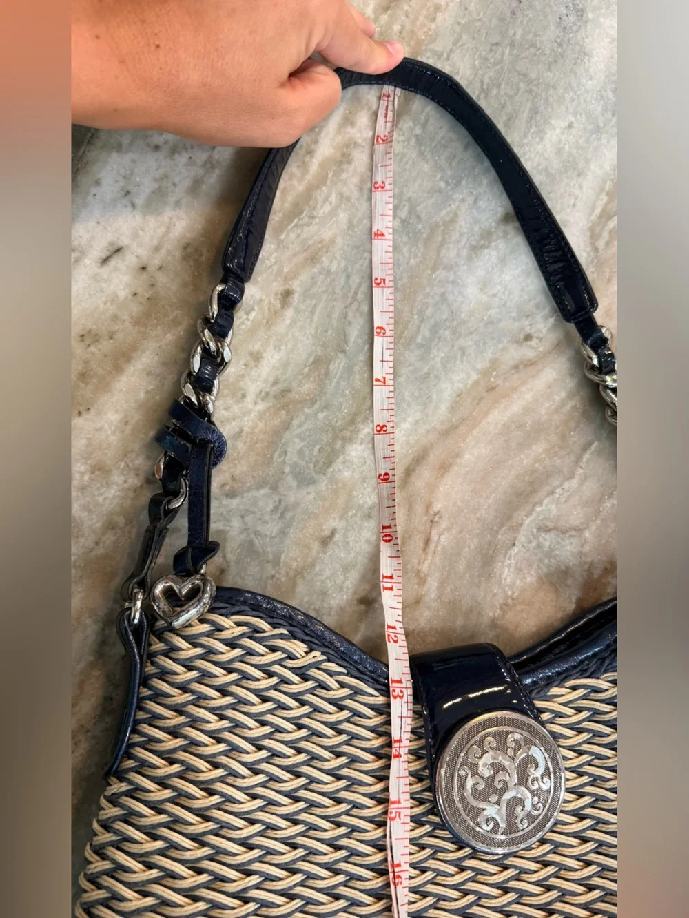 Vintage BRIGHTON Jani navy and cream woven summer charm shoulder handbag